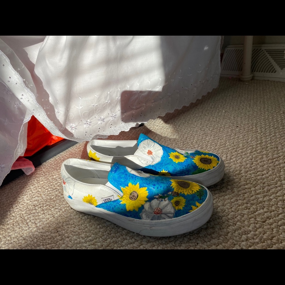Floral Customized White Vans, Women’s Size 7